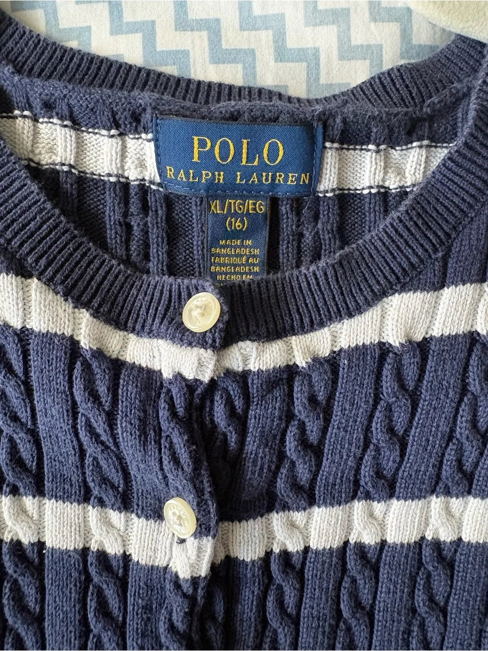 POLO RALPH LAUREN Girls sz XL 14-16 Cable Knit Cardigan Navy Blue White Striped - Picture 3 of 10